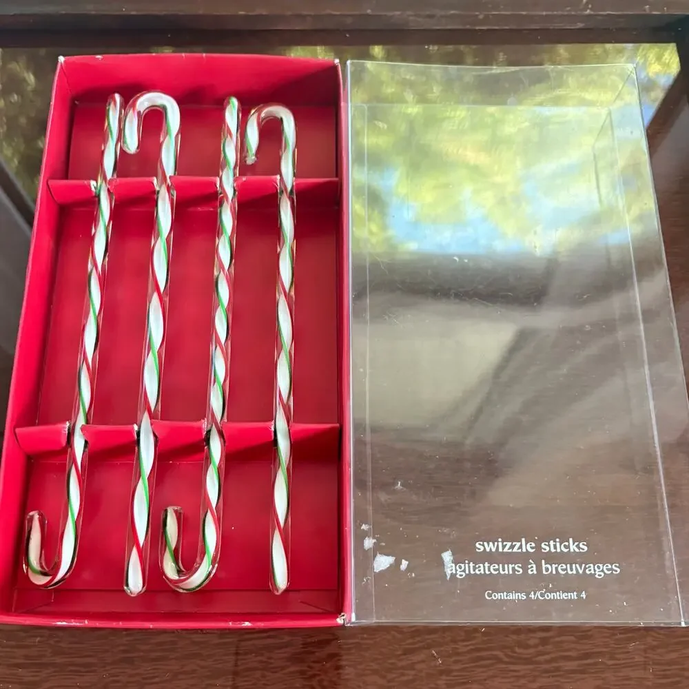 Vintage Pier 1 Glass Candy Cane Swizzle Sticks Set of 4 Christmas Stirrers